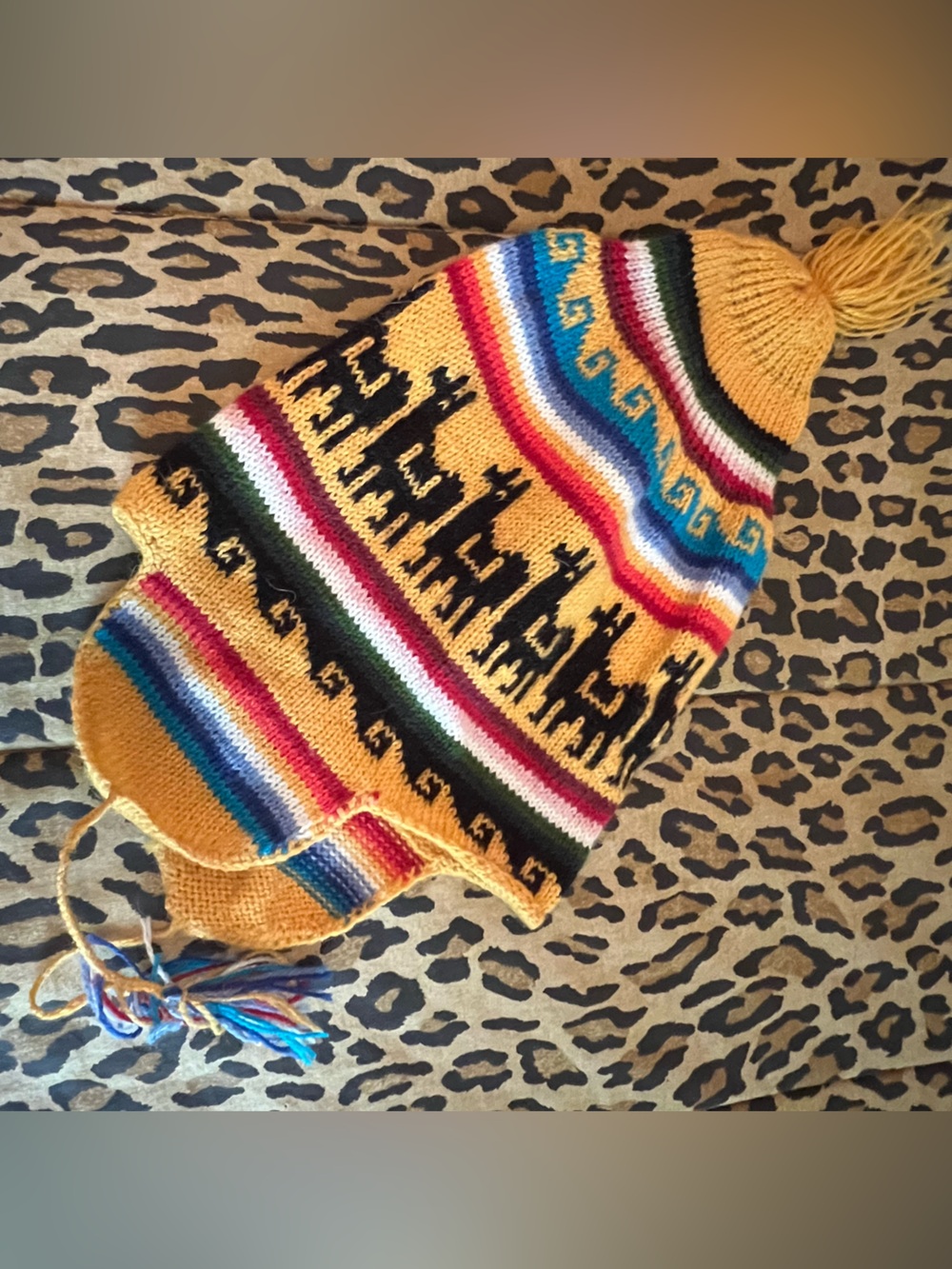 Kids Yellow Alpaca Pattern Earflap Beanie Hat